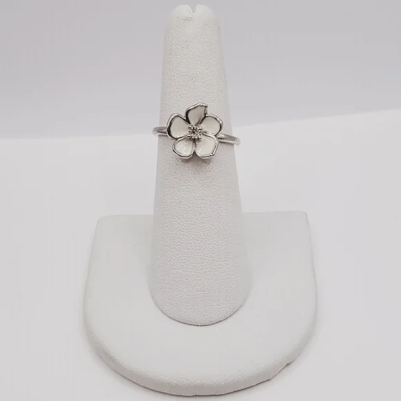 Flower Ring Genuine Diamond Ring White Enamel Ring 925 Sterling Silver Ring - Picture 6 of 8